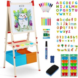 RenFox Easel for Kids, Adjustable Standing Kids Art Easel, 140+ Accessories Double Sided Magnetic Dry Erase Whiteboard & Chalkboard with Paper Roll, Perfect Painting for Kids Boys Girls Ages 3-12
