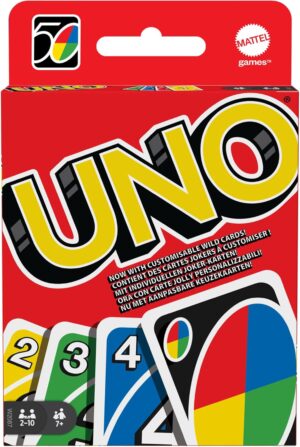 UNO – Classic Colour & Number Matching Card Game – 112 Cards – Customizable & Erasable Wild – Special Action Cards Included – Gift for Kids 7+, W2087