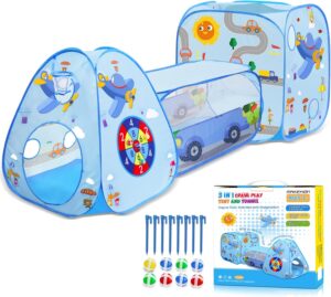 MAIKEHIGH Kids Play Tent with Tunnel and Ball Pit, 3 in 1 Pop Up Toddler Tents Indoor Outdoor Playhouse, Christmas Birthday Holiday Toy Gift for Children Baby Girls Boys, 8 Dart Balls Included
