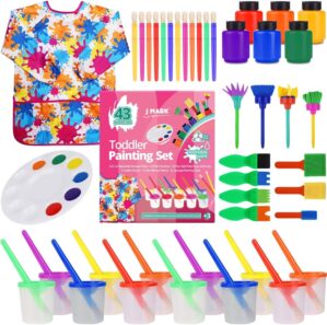 J MARK Toddler Painting Set – 43 Piece Complete Toddler Paint Set, Spill Proof Paint Cups, Washable Paint for Toddlers, Painting Tools, Smock, Brushes and More