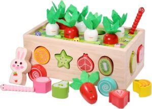 Farm Orchard Cart Montessori Toys for 1，2, 3 and 4 Year Old Boys and Girls Carrot Harvest Game Wooden Shape Sorting Toy Gift for Toddlers Preschool Learning Fine Motor Skills Game