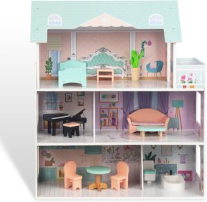 Wooden Dollhouse with Furniture for Kids Girls, Christmas Birthday Gift Toys for 3 4 5 6 Years Old