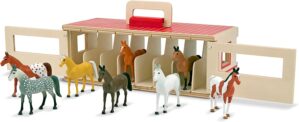 Melissa & Doug Take-Along Show-Horse Stable With Wooden Box and 8 Toy, Barn Play Set, Portable, Toys For Kids Ages 3+