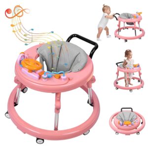Baby Walker Foldable, Baby Walkers and Activity Center for Boys Girls Babies 6-12 Months with Feeding Tray & Music, and 5 Adjustable Heights, Baby Walker with Wheels