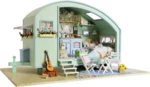 DIY Miniature Doll House Kit, CUTEROOM Caravan Doll House Kit with Furniture, Mini Wooden Dollhouse Toys for Adult Birthday Gift