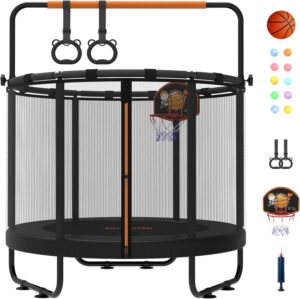 jumpfly Trampoline for Kids, 5FT Toddler Trampoline Indoor & Outdoor Small Trampoline with Enclosure Net, Basketball Hoop, Adjustable Gymnastics Bar, No-Gap Safe Design, Gifts for Baby Boys & Girls