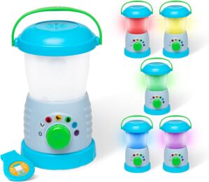 Melissa & Doug Let’s Explore Light & Sound Camping Lantern Play Set, lantern, 3 double-sided cards to set the scene (cards store in bottom of lantern), collectible medallion