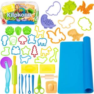 Kilpkonn Dough Tool Kit for Kids, 41Pcs Dough Accessories Molds, Shape, Scissors, Rolling Pin, Dough Mat with Storage Bag, Party Pack Playset for Toddlers Girls Boys
