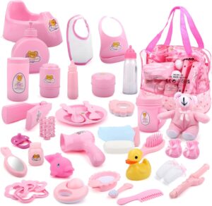 deAO 40 Piece Baby Doll Accessories Bag with Baby Feeding Accessories, Clothes, Doll Bear, Bath Toys, Soother Dummy and Much More – Great Nurturing Pretend Toy for Kids!
