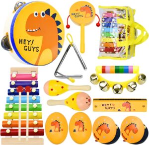 Toddlers Musical Instruments for Baby 1-3,Wooden Music Toys Set | Percussion Drum,Xylophone,Maracas Shakers,Tambourine | 14 PCS Dinosaur Instrumentos Musicales para Niños Kit for Kids Early Education