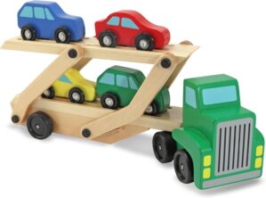 Melissa & Doug Car Carrier Truck and Cars Wooden Toy Set With 1 Truck and 4 Cars – Vehicle Toys, Push And Go Wooden Trucks For Toddlers And Kids Ages 3+