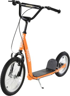 Aosom Youth Scooter Kick Scooter for Kids 5+ with Adjustable Handlebar 16″ Front and 12″ Rear Dual Brakes Inflatable Wheels