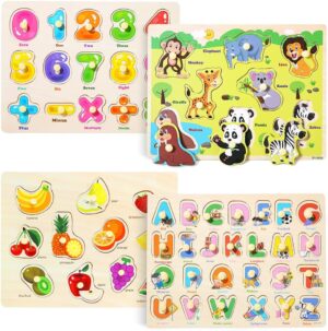 GRINNNIE Wooden Peg Puzzle for Toddlers 2 3 4 Years Old, 4 PCS Montessori Educational Learning Puzzles Set-Numbers, Letters, Animals and Fruits, Great Preschool Gifts for Girls and Boys