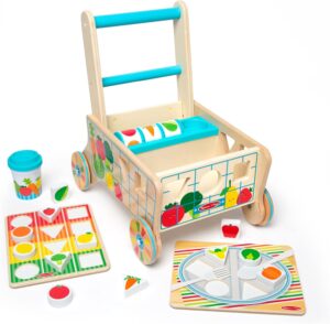 Melissa & Doug Wooden Shape Sorting Grocery Cart Push Toy and Puzzles – Pretend Play Grocery Toys, Sorting And Stacking Toys For Infants And Toddlers Ages 1+ – FSC-Certified Materials