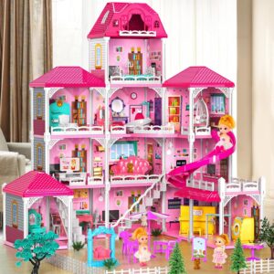 TEMI Villa Toys for 3 4 5 6 7 8 Years Old Girls – 4 Storeys 12 Rooms, Indoor Playset with 2 Dolls Toy Figures, Toys Furnished and Accessories, Pretend Girls Plays, Building Toys, Gifts Toy