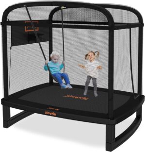 jumpfly Trampoline for Kids Trampoline 6FT with Swing & Basketball Hoop – Rectangle Indoor & Outdoor Toddler Trampolines with Enclosure Safety Net, ASTM Approved Baby Recreational Small Trampoline
