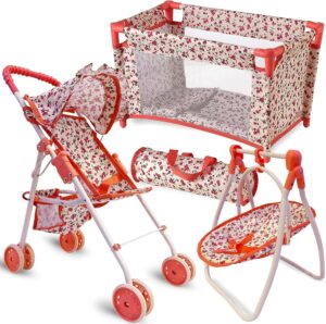 Baby Doll Accessories Set – 3-1 Baby Doll Furniture Set with Baby Doll Stroller, Baby Doll Crib, Baby Doll Swing – Baby Doll Bed Set for 18” Doll – Play Baby Doll Toys for 18″ Dolls – Floral