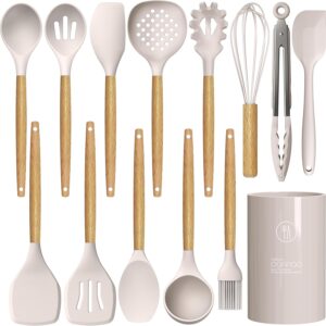 Silicone Cooking Utensils Set – 446°F Heat Resistant Silicone Kitchen Utensils for Cooking,Kitchen Utensil Spatula Set w Wooden Handles and Holder, BPA FREE Gadgets for Non-Stick Cookware (Khaki)