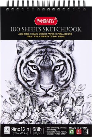 PANDAFLY 9×12 Premium Sketch Book Set, 1-Pack 100 Sheets Spiral Bound Art Sketchbook, Acid Free (68lb/100gsm) Artist Drawing Book Paper Painting Sketching Pad, Ideal for Kids, Beginners, Artists