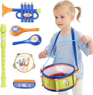 iPlay, iLearn Toddler Musical Instruments Toys, Kids Drum Set, Baby Trumpet, Percussion, Harmonica, Maraca, Flute, Tambourine, Birthday Gifts for 18 Months Olds Ages 2 3 4 5 Years Boys Girls Children