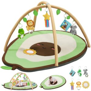 Baby Play Gym Mat & Activity Mat, Baby Tummy Time Mat, Large Avocado Shaped Playmat with 6 Detachable Toys for Motor Skills & Sensory Development, Washable Infant Baby Newborn Essentials,Light Green