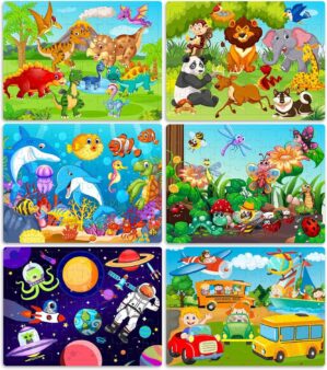 Roberly Wooden Puzzles for Kids Ages 4-8, 60 Pieces Jigsaw Puzzles for Kids 3 4 5 6 7 8 Preschool Learning Educational Puzzle Toys Set for Boys Girls – Dinosaur, Ocean, Animal, Insect, Space, Vehicles