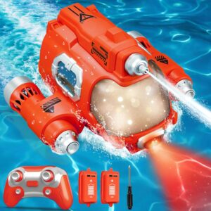 Whimsyland Remote Control Boat for Kids 6+, 2.4GHZ Mini RC Boat with Spray Water Pump and Led Lights Lakes & Swimming Pool Toys, 2 Rechargeable Batteries （Red）