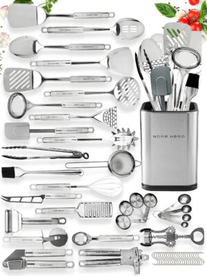Home Hero 54 Pcs Stainless Steel Kitchen Utensils Set – Nonstick Stainless Steel Cooking Utensils Set – Heat Resistant Kitchen Essentials & Metal Kitchen Gadgets (54 Pcs)