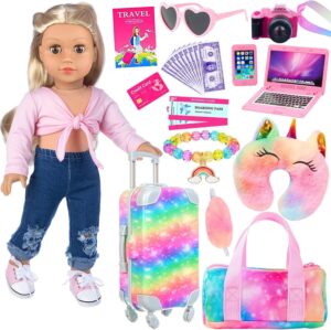 K.T. Fancy 23 PCS American 18 Inch Doll Accessories Suitcase Luggage Travel Set – Rainbow Suitcase Rainbow Bag Camera Computer Cell Phone Neck Pillow Eye Mask Glasses Gift for Christmas (NO Doll)