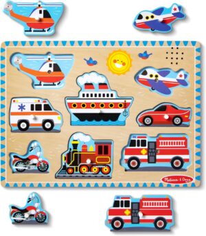 Melissa & Doug Vehicles Sound Puzzle – Wooden Peg Puzzle With Sound Effects (8 pcs) – Sound Puzzles for Toddlers, Wooden Puzzles For Kids Ages 2+