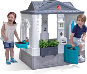 Step2 Neat & Tidy Cottage Kids Playhouse, Indoor/Outdoor Playset, Interactive Play with Sounds, Made of Durable Plastic, for Toddlers 1.5+ Years Old, Grey