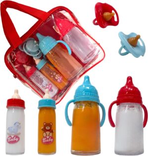 Baby Doll Bottles with Magic Disappearing Milk & Juice Playset, 6pc Pretend Baby Doll Accessories Set 4 Doll Feeding Toy Bottles and 2 Pacifiers, Great Gift for Kids, Toddlers and Little Girls