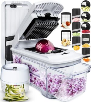 Fullstar All-in-1 Vegetable Chopper, Mandoline Slicer & Cheese Grater – French Fry Cutter & Veggie Dicer – Cheese Slicer – Includes Bonus Handheld Spiralizer (6 in 1, Black/White)