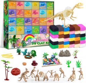 Advent Calendar 2024 Kids, Include 24 Modeling Tools and 36 Air Dry Clay, Create a Dinosaur Park, Play Color Dough Tools Accessories，Playdough Art Crafts Gift with Dino Skeleton for Kids Boys Girls