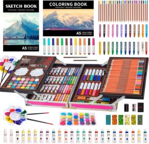 KINSPORY Art Supplies, 139 Pack Painting Drawing Art Kit with 2 Sketch Pads, Deluxe Double Layers Art Set Crafts, Colored Pencils, Oil Pastels, Watercolor Paints, Gift for Artists Kids (Pink)