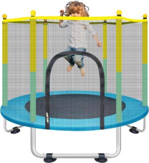 Indoor Trampoline for Kids Ages 1-8, 55″ Small Outdoor Toddler Trampoline with Safety Enclosure Net, No-Gap Safe Design, Baby Round Jumping Mat, Recreational Trampolines Birthday Gifts for Boys Girls