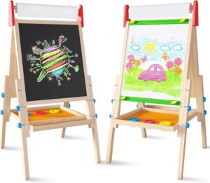 Tiny Land Easel for Kids with 2 Drawing Paper Roll, Learning-Toy for 3,4,5,6,7,8 Years Old Boy & Girls, Wooden Chalkboard & Magnetic Whiteboard & Painting Paper Stand, Gift & Art Supplies for Toddler