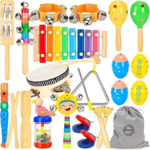 Ehome Musical Instruments Toys for Toddlers 1-3, Baby Kids Musical Instruments, Wooden Percussion Instruments Preschool Educational Musical Toys Set for Boys and Girls Gifts with Storage Bag