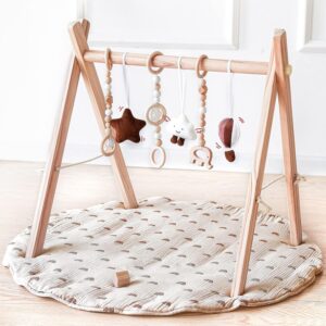 Wooden Baby Play Gym with Mat, Foldable Baby Play Gym Frame Activity Gym Hanging Bar with 6 Gym Baby Toys Rainbow Playmats for Newborn Baby (Natural)