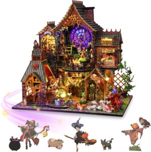 DIY Miniature House Kit Tiny House Kit Miniature Dollhouse Kits 3D Puzzle Doll House with Furniture and LED Bookshelf Decor Creative Room DIY Handmade Crafts for Adults Teen (Magic Spirit)