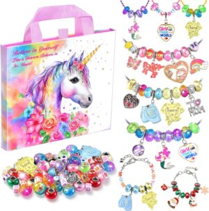 Girls Charm Bracelet Making Kit – Unicorn Jewelry Supplies Make Set DIY Art Craft Set Charm Bracelets Kits Creative Birthday Gifts for Kids Age 6 7 8 9 10 11 12 Year Old Girl Little Children Girl Toys