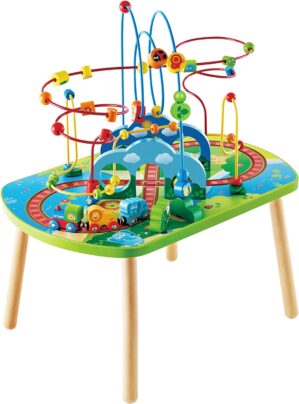 Hape E3824 Jungle Adventure Kids Toddler Wooden Bead Maze & Railway Train Track Play Table Toy for Ages 18 Months and Up Multicolor, 25.6″ L x 17.52″ W x 17.91″ H