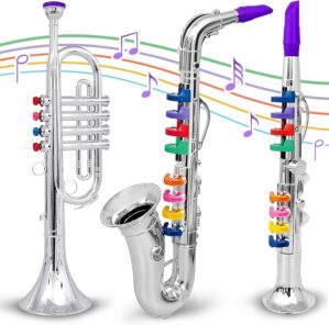 Set of 3 Kids Musical Instruments Toy Clarinet, Toy Saxophone and Toy Trumpet, 3 Wind and Brass Musical Instruments Combo with Over 10 Color Keys Coded Teaching Songs for Toddlers