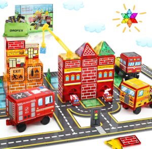 Magnetic Tiles Road Set with Fire Truck and Magnetic Crane, Creative Construction Toys for Kids Ages 3-12, Boys & Girls, Fire Rescue Station and Engineering Themed Magnetic Building Blocks