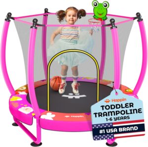 Happin® 55” Toddler Trampoline Indoor & Outdoor Playset Ages 1-6, 5FT Kids Trampoline, Ultra Safe Mini Trampoline for Kids with Safety Enclosure Net, Gifts for Birthday with Basketball Hoop