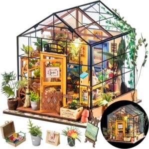 Rolife DIY Miniature House Kit Greenhouse, Tiny House Kit for Adults to Build, Mini House Making Kit with Furniture, Halloween/Christmas Decorations/Gifts for Family and Friends (Cathy’s Greenhouse)