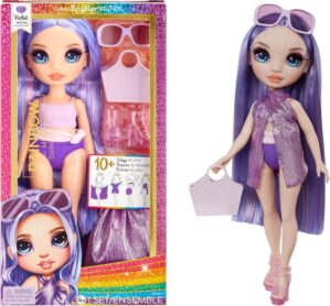 Rainbow High Swim & Style Violet, Purple 11″ Fashion Doll with Shimmery Wrap to Style 10+ Ways, Removable Swimsuit, Sandals, Fun Play Accessories, Great Toy Gift for Girls Kids Ages 4-12 Years