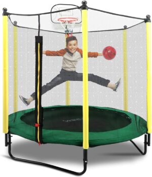 SereneLife 5ft Outdoor and Indoor Mini Toddler Trampoline with Enclosure Safety Net Basketball Hoop Jumping Fun Trampoline for Kids/Children, Basketball Hoop, Net Cage, Bday Gifts for Boys/Girls