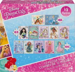 Spin Master Games, Disney Princess, 12-Puzzle Pack with 48-Piece, 63-Piece, & 100-Piece Disney Puzzles for Kids, Christmas Gifts for Kids, for Ages 4+