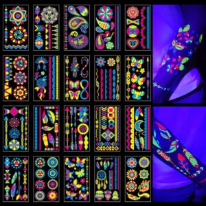 20 Sheet Glow in The Dark Temporary Tattoos 160+Styles Adult Blacklight UV Neon Body Paint Face Fake Tattoo Stickers for Women kids,Rave Festival Accessory Decorations Glow in The Dark Party Supplies